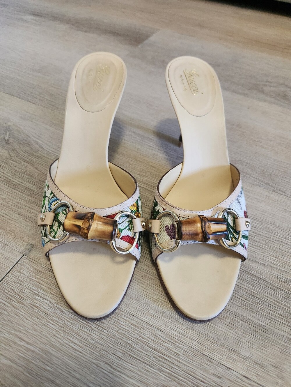 Gucci Flora Bamboo Horsebit Sandal Kitten Heels